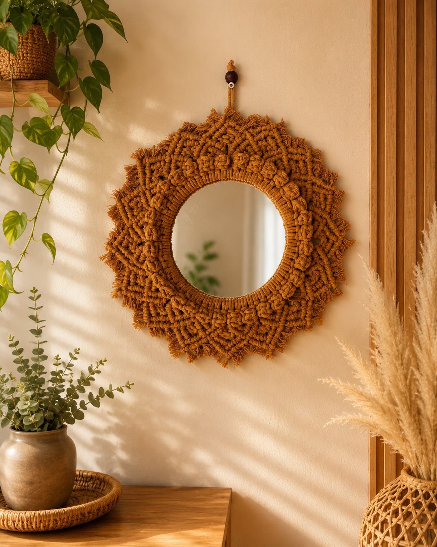 Espelho decorativo com moldura em macramê