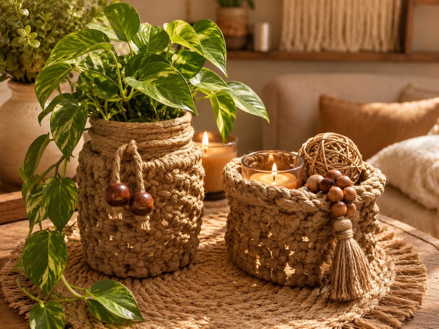 Suporte de plantas em macramê com vasos